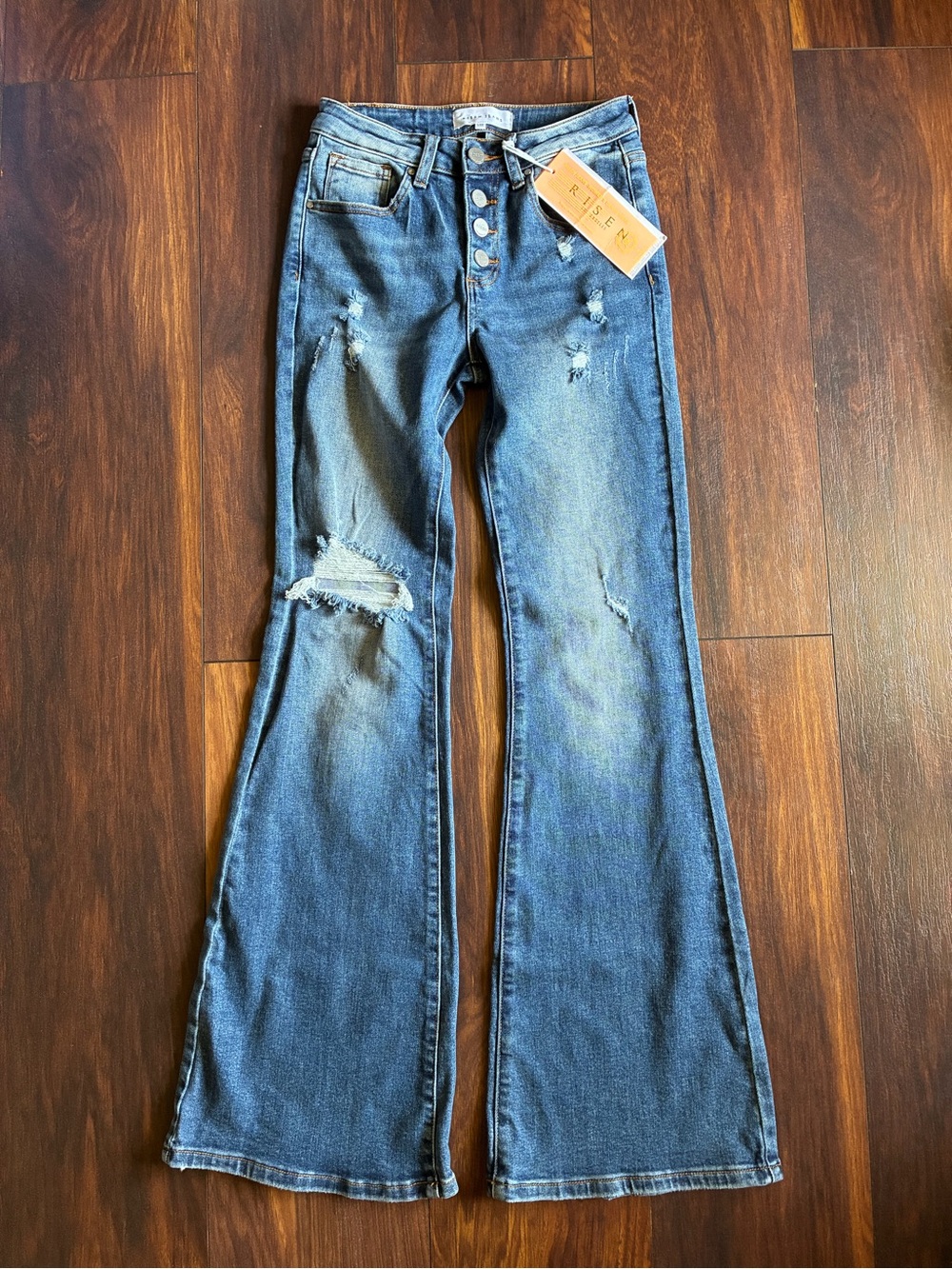 Risen Jeans Womens Button Fly Distressed Flare Blue Jean Denim Sz 1/25
